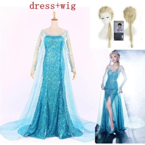 Adult Womens Snow Queen prom Costume Cosplay Party Gown Fancy Dress and wig