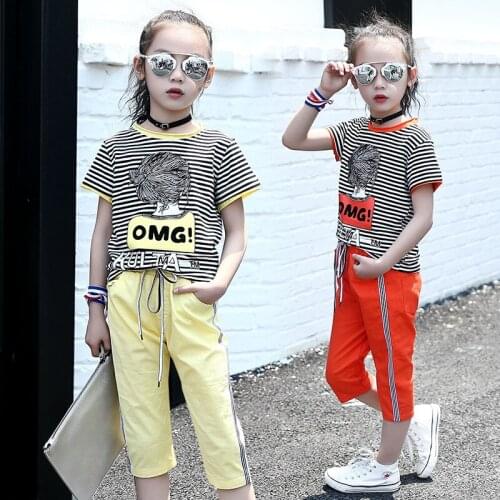 Summer 2019 Toddler Girl Clothes Set Stripe T Shirt + Five-minute Pants Tracksuits Childhood Clothes for Girls 6 8 9 10 12 Years