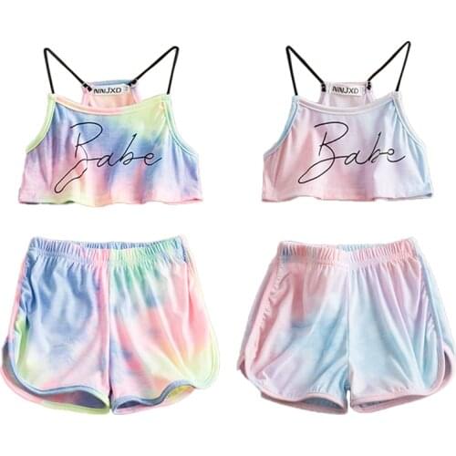 Girls Summer Clothes Set Sleeveless Strap Sling Vest Kids Elastic Shorts Pants 2 Piece Crop Top Children Casual Beach Vestidos