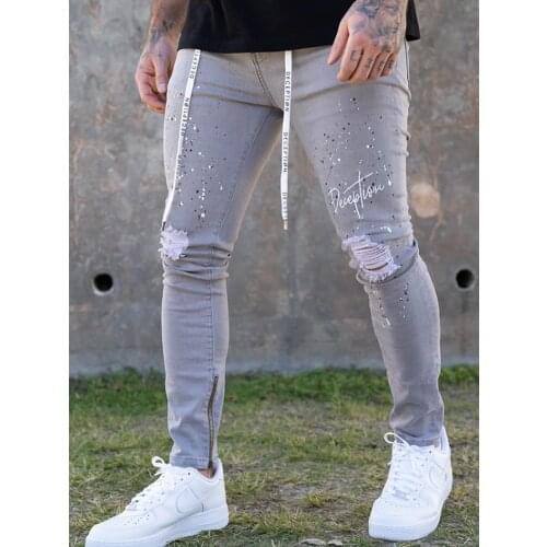 Nice Embroider Lndividual Letters Ripped Jeans Men Skinny Casual Zipper Stretch Knee Patch Denim Pants Grey Blue Big Size S-4XL