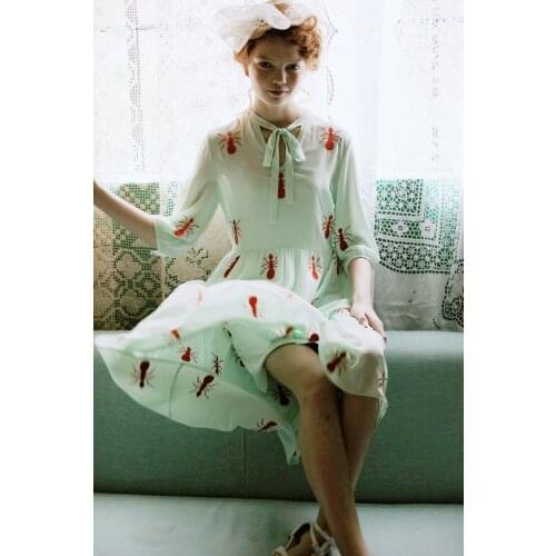 Dresses Women Spring Summer Mori Girl Ant Embroidery Midi Dress Fashion V-Neck Casual Loose Green Chiffon Dress vestido de mujer