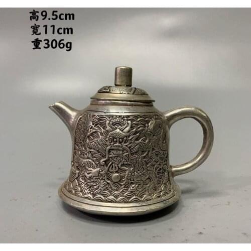 Qianlong dynasty Silver-plated white copper dragon pot Decoration kettle teapots Cupronickel pot decorative antique collection