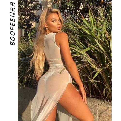 BOOFEENAA Sexy Sheer Mesh Sleeveless Long Dress with Side Split White Beachwear Cover Up Vacation Outfits Summer 2021 C66-BZ13