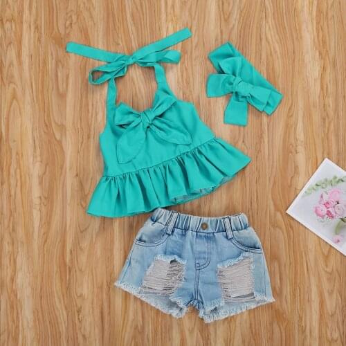 1-6Years Baby Girls 3Pcs Clothes Set Bowknot Strap Tops Dress Shirt Ripped Denim Shorts Headband Infant Kids Baby Summer Outfits
