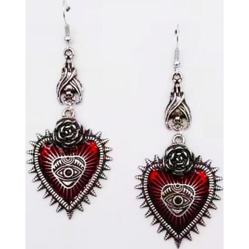 Occult Dark Goth Drop Earring Jewelry Blood Rose Heart Oil Bat Gothic Earrings for Womens Retro Hanging Long Earings Aesthetic