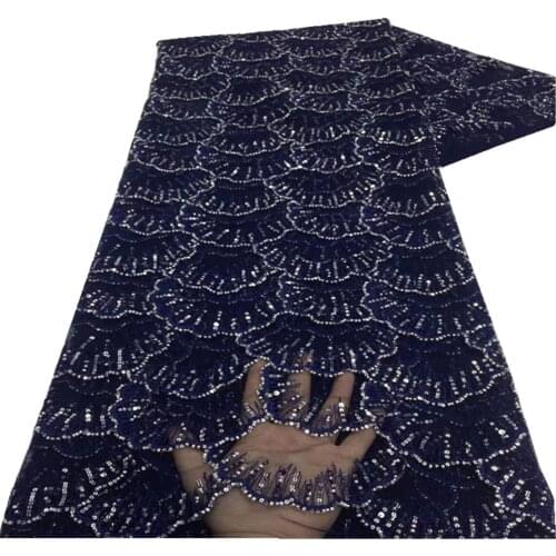 Blue African Lace Fabric 2021 High Quality Nigerian Lace Fabric 5 Yards French Sequins Lace For Wedding Dress xz-200
