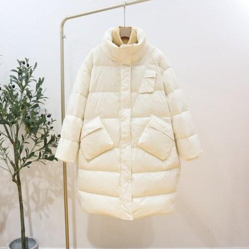 Trendy Stand Collar Loose Female Solid Color Thick Warm Down Jacket Winter Women Causal 90% White Duck Down Snow Coat Outwear