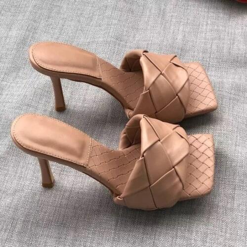 Fashion Square Toe Weave High Heels Slippers 2021 summer Womens Luxury Designer Street Beach Sandals big size sexy Shoes FT1607