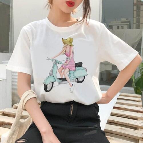 Bicycle Printed Women T Shirt Aesthetic Tshirts Short Sleeve Casual White Top Tee Female Harajuku T-Shirts Camisas T-shirt