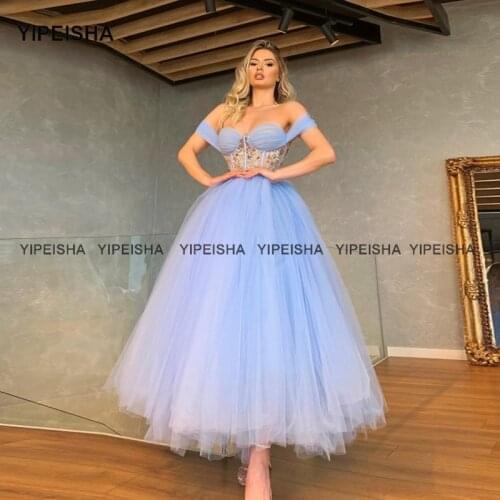 Yipeisha Off-shoulder Sky Blue Prom Dresses Short A-line Tulle Tea-length Cocktail Party Dress with Rhinestones Homecoming Gown