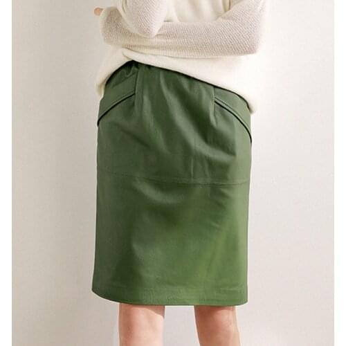 Women 100% Genuine Leather Midi Skirt Female Elegant Korean Style Avocado Green Elastic Waist Mid Jupe Mujer Casual Street Saias