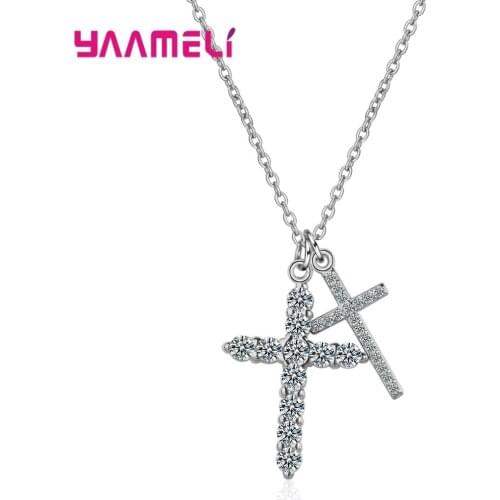 Lucky Female Cross Crystal Pendants 925 Sterling Silver Chain Necklaces AAA Shiny Choker Necklaces Fashion Jewelry Women
