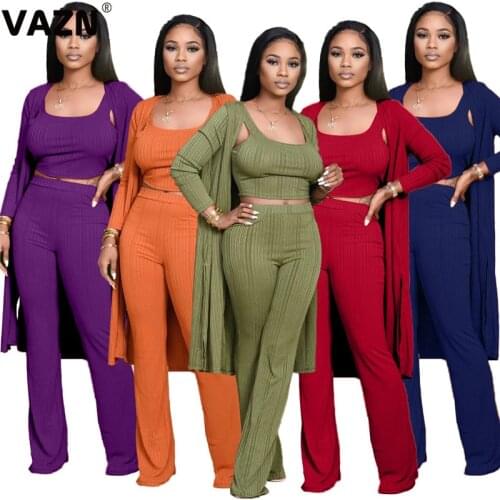 VAZN 2020 Autumn High-end Knit Outfits Sweet Sexy Tank Top Full Sleeve X-Long Cloth Group Long Pants Slim Women 3 Piece Set