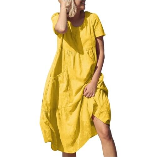 Women Summer Dress Solid Pockets Cotton Linen O-Neck Loose Casual Dresses Ladies Beach Boho Sundress Vestido De Mujer Plus Size