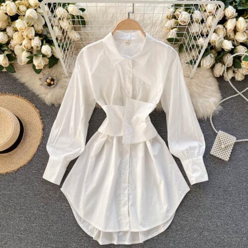 Women White Shirt Dress 2021 New Spring Summer Turn-down Collar Full Sleeve Short Dress Single Breasted Slim A-line Casual Dress