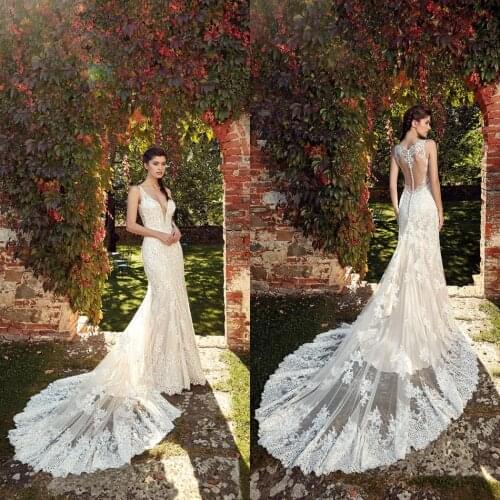 Deep V Neck Mermaid Wedding Dress 2019 Lace Applique Buttons Back Vestido De Novia Plus Size robe de mariee