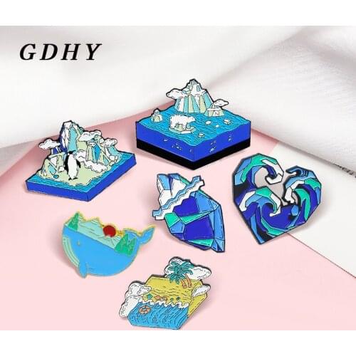 GDHY Sea Wave Antarctic Whale Enamel Pins Organ Heart Shape Ocean Sea Wave Sandy Beach Brooches Creative Badges for Friends Gift