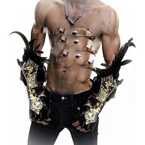 Gold model Stage Show Gear Wear Sexy man black Festival Feather Wrist Piece nightclub bar singer dance catwalk costume