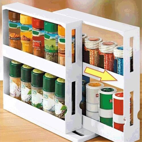2 Layers Rotating Storage Rack Kitchen Cabinet Spice Holder Jar Bottle Shelf Bathroom Shampoo Storage Rack Shelves Slide Cabinet