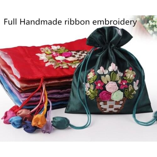 Handmade Ribbon Embroidery Flower Silk Gift Bags Drawstring Big Birthday Party Favor Bags Fabric Packaging Bags Jewelry Pouch