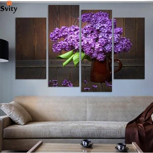 4pieces Modern Home Decor Wall Art Picture For Living Room Bedroom Decor purple lilac flower Canvas Print painting