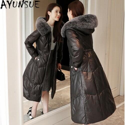 AYUNSUE High Quality Winter Real Genuine Leather Jacket Long Sheepskin Coat Warm Woman Down Coats Fox Fur Collar Parkas Clothes