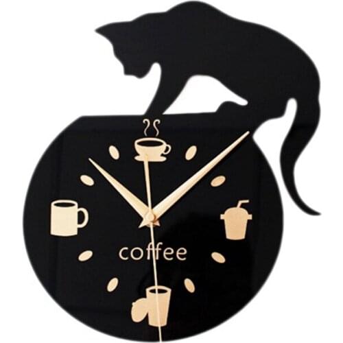 DIY Digital Wall Clock 3D Sticker Cute Kitten Wall Clock Coffee Cup Shape Clock Wall Art Home Decor Hollow Numeral Clock