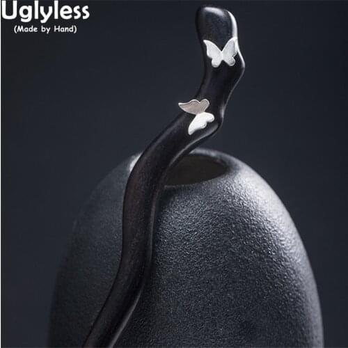 Uglyless Natural Sandalwood Wooden Hair Sticks for Women 925 Silver Flowers Butterflies Hair Jewelry Elegant Silver Accessories
