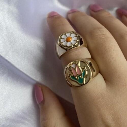 Daisy Enamel Rings Colorful Tai Chi Gossip Candy Color Metal For Women Vintage Drip Oil Rings Finger Jewelry 2021 New Trendy