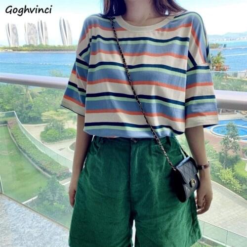 Short Sleeve T-shirts Women Rainbow Striped Ulzzang Korean Style Casual Feminina Tops Trendy Chic Soft All-match Simple Basic