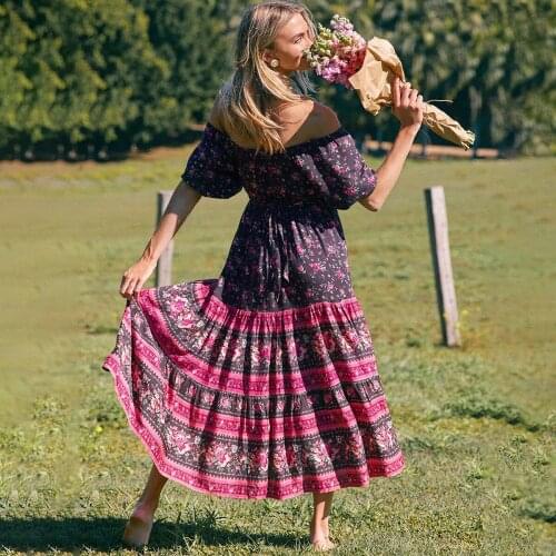 Jastie Ethnic Vintage Floral Sundress Bohemian Women High Waist Puff Sleeve Maxi Dress Fall 2020 Boho Beach Feminine Vestidos