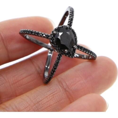 Black gold tear drop shape black cz color Cross classic wedding engagement big stone women full finger ring ladies gift