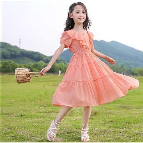 Summer Girls Ruffles Puff Sleeve Dress Sweet Pleated Cake Dresses for Toddler Girls Clothes Casual Teens Girls Princess Dresses