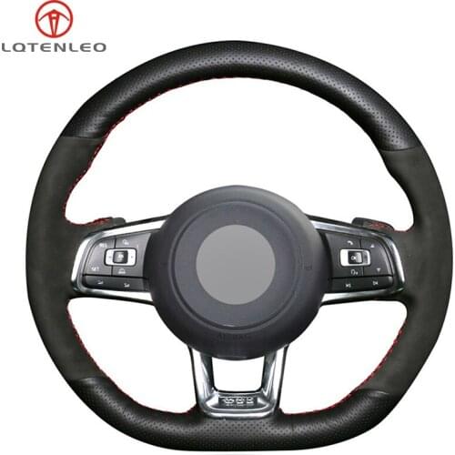 LQTENLEO Black Genuine Leather Suede Steering Wheel Cover For Volkswagen Golf 7 GTI Golf R MK7 VW Polo GTI Scirocco 2015 2016