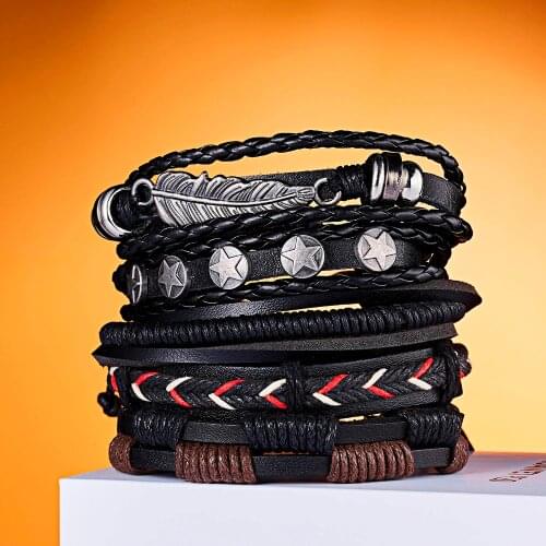 Men Bracelets Braided Leather Bracelets Bangles Star Leaf Owl Vintage Multilayer Wrap Bracelets Handmade Wristbands Jewlery Gift