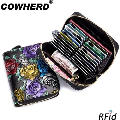 New 3D Colorful Rose Embossed Credit Card Holder Wallet Big Capacity Genuine Leather Passport Business Cards Coin Purses