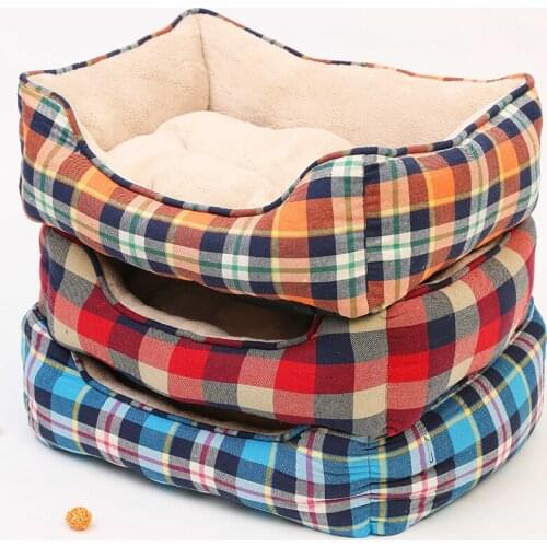Fine joy Pet Cat Dog Kennel House Rectangle Pets Beds Sofa Mats Soft Coral Cashmere Cotton With Plaid Printing Canvas Cover