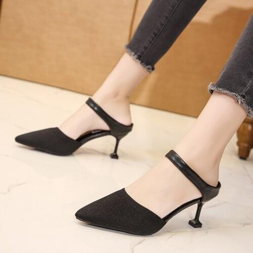 Knitted Elastic Mesh Sandals Women Fashion Pointed High Heels Slip-On Mixed Colors Sandals Thin Heels Shallow Summer Shoes Woman