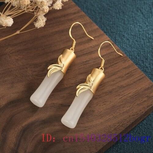 White Jade Bamboo Earrings Charm Gifts Natural Crystal Gemstone Amulet Jewelry Women Chalcedony Fashion Zircon 925 Silver