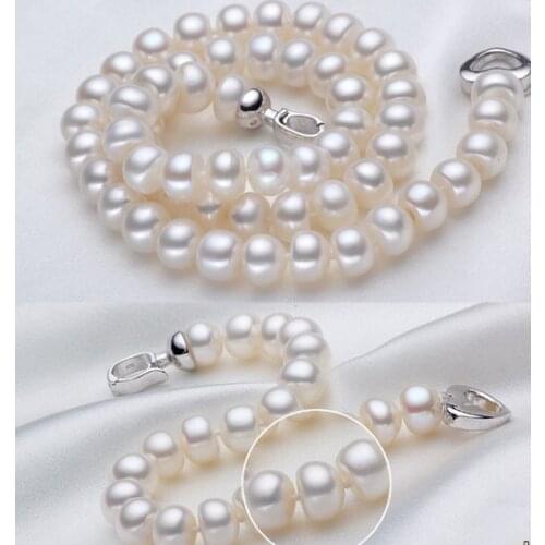 Wedding Woman Jewelry Set White Pearl 9-10mm AAA Natural Freshwater Pearl Necklace Bracelet Heart Clasp Handmade Gift Free Box