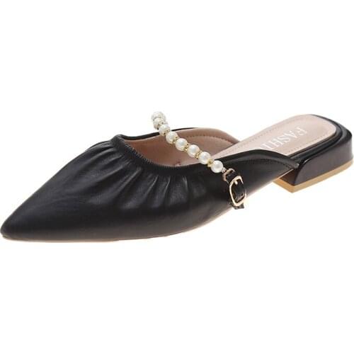 Pointed Toe Shoes Woman Slippers Women Shoes Ladies Mules Plus Size Solid Black Leather Wood Sole Low Heels Slides Casual Shoes