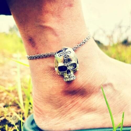 Gothic Witchcraft Skull Anklets for Women Retro Silver Color Cross Skeleton Bracelet on The Leg Accessories Punk Jewerly VGA005