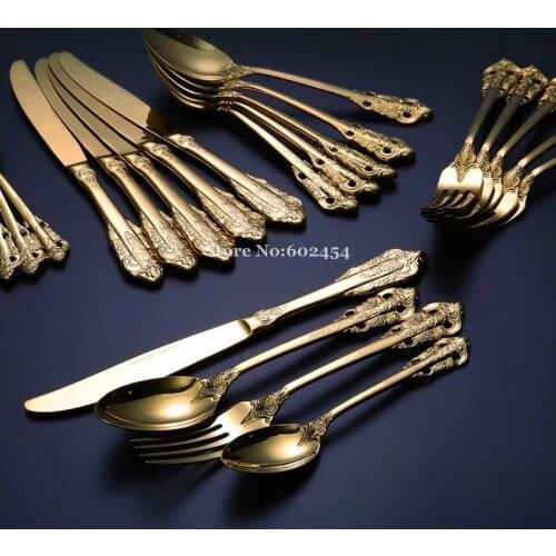 High-End Golden Color 24pcs Stainless Steel Flateware Set Steak Knife Fork Teaspoon Household Western Tableware suit