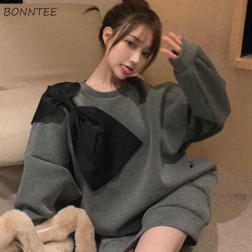 No Hat Hoodies Sweatshirts Women Plus Velvet O-Neck Simple Lantern Sleeve College Lovely Casual Korean Style Thicker Female Ins