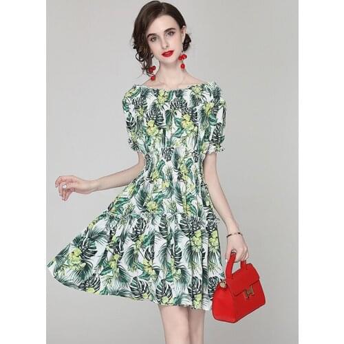2021 New Women Dresses Elegant Party Night Office Lady A-LINE Women Dresses Printing Mid-Calf Slash Neck Women Summer Dresses