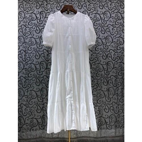 2021 Summer Fashion White Dress High Quality Women O-Neck Buttons Front Short Sleeve Mid-Calf Length Casual Cotton Dress Ladies