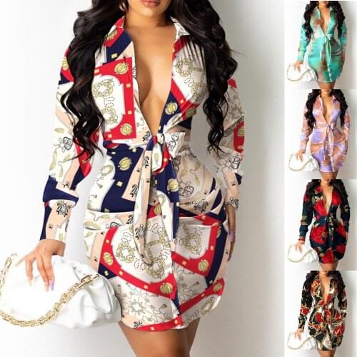Women Autumn 2021 Long-Sleeve Turn Down Neck Printed Lace-Up Shirt Dress Female Fashion Sexy Slim Mini Dress Splice Sashes Dress