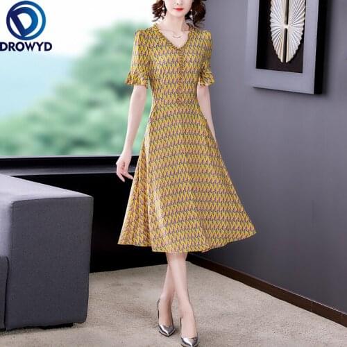 Women Summer Silk Dress yellow Print Short Sleeve V Neck Loose Style Fashion Casual Vestidos Clothes Bodycon Runway Party Dress