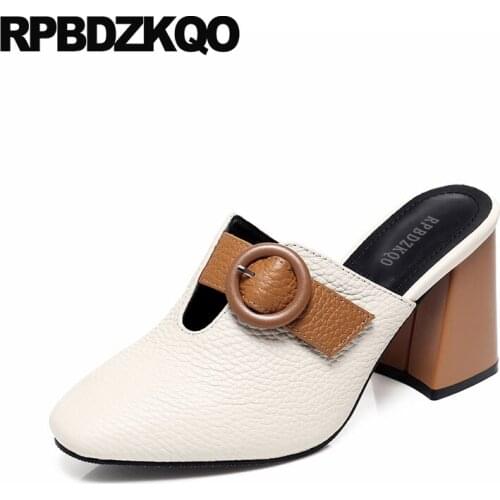 3 Inch 2017 High Quality Heels Black Belts Beige Block Handmade Genuine Leather Women Shoes Mules Slipper Sandals Closed Ladies