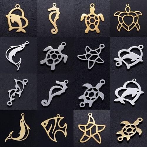 5pcs/lot diy beach sea dolphin turtle stainless steel charm pendant wholesale starfish fish jewelry bracelet connector charms